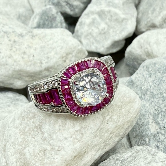 Lab Created Ruby Halo Ring 2.6 CT CZ Silver Tone Over Copper Sz 7.25 - Picture 5 of 17
